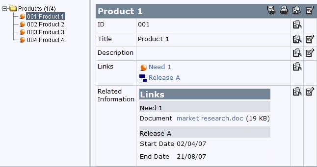 In the Products module, the Related Information attribute shows information from the other modules.