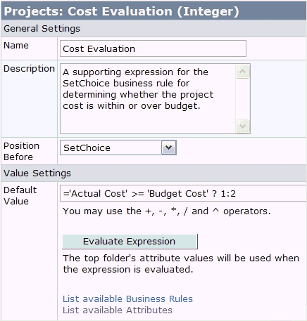 The settings of the Cost Evaluation attribute