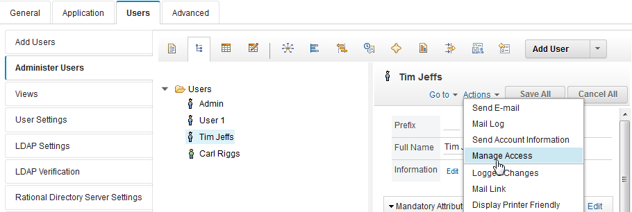 Screenshot that shows the location of the Manage Access option for users in Rational Focal Point