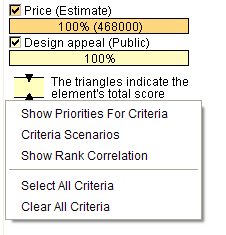 Menu options for criteria