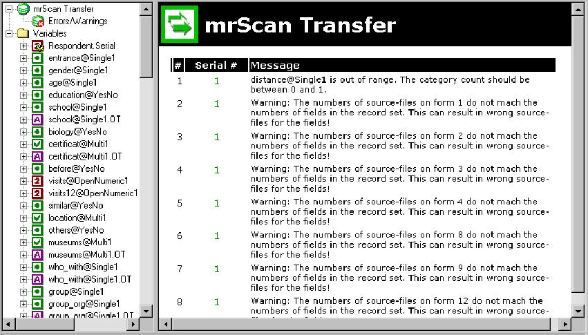 VARIABLEscan_transferVARIABLE windowshowing the error and warning messages