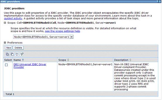 screen capture of JDBC providers