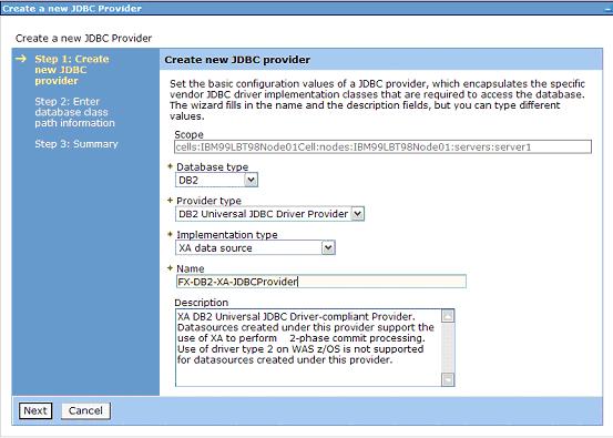 screen capture ofcreating a new JDBC Provider