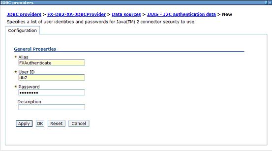 screen capture of creating a new J2C authenticationalias