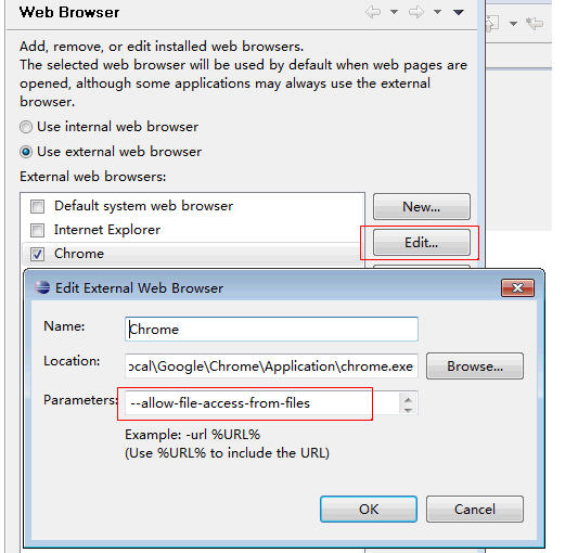 Editthe Chrome browser configuration by inputting --allow-file-access-from-filesin the Parameters field