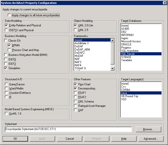 A graphic depicting the System Architect Property Configuration dialog