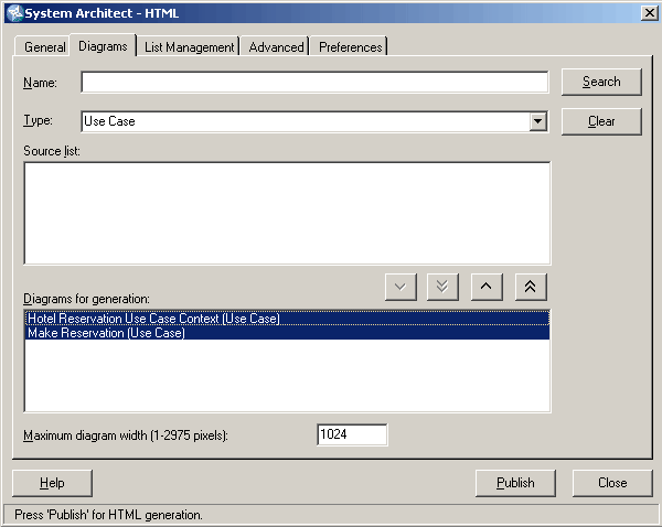 Diagram tab of the System Architect HTML generator dialog