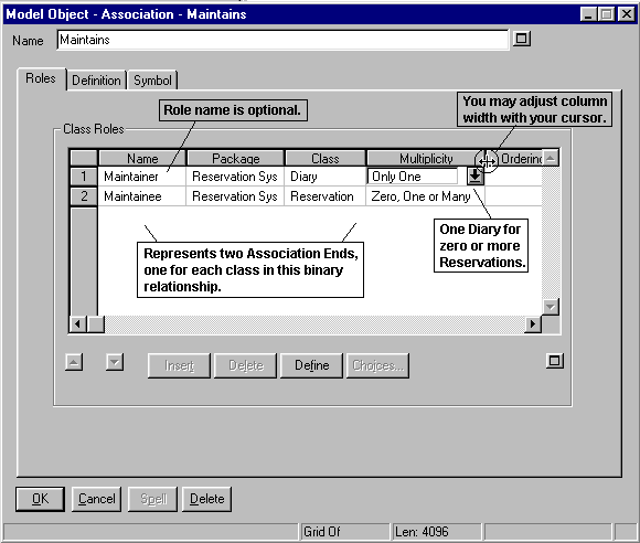 Association definition called Maintains dialog