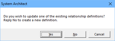 A graphic depicting user has replied existing relationship should not be reused, so is asked whether to create a new definition